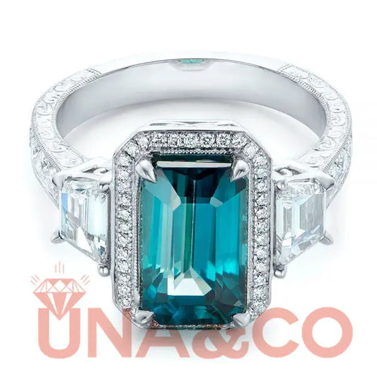 Dazzling Ocean Blue Zircon Halo Engagement Ring UNA.CO
