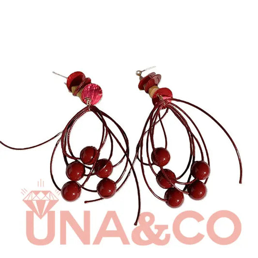 Light Luxury Elegant Ethnic Angora Red Beaded Tassel Earrings UNA.CO