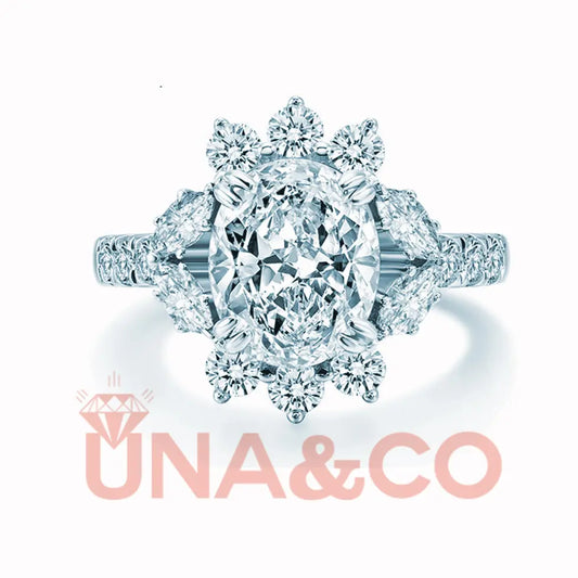 Luxury Flower Oval Created Moissanite Engagement Halo Ring UNA.CO