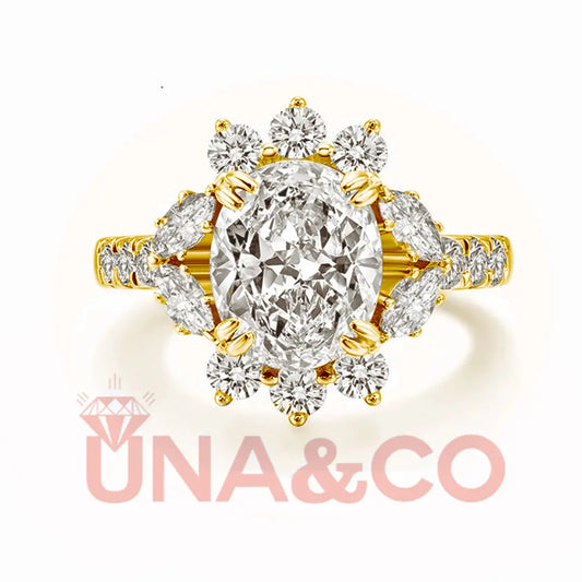 18K Yellow Gold Luxury Flower Oval Created Moissanite Engagement Halo Ring UNA&CO