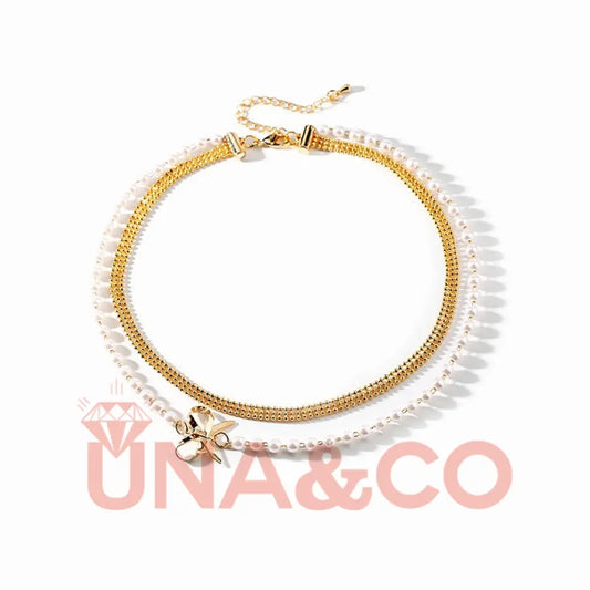 Double Chain Pearl Bow Collarbone Necklace UNA.CO