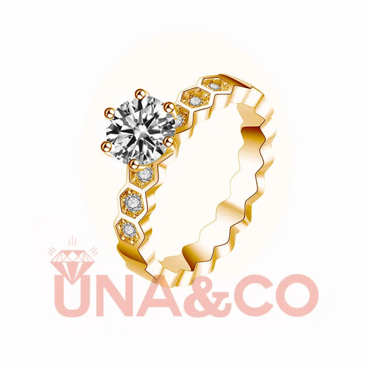 18K Yellow Gold Six Prong Delicate Honeycomb Moissanite Ring UNA&CO
